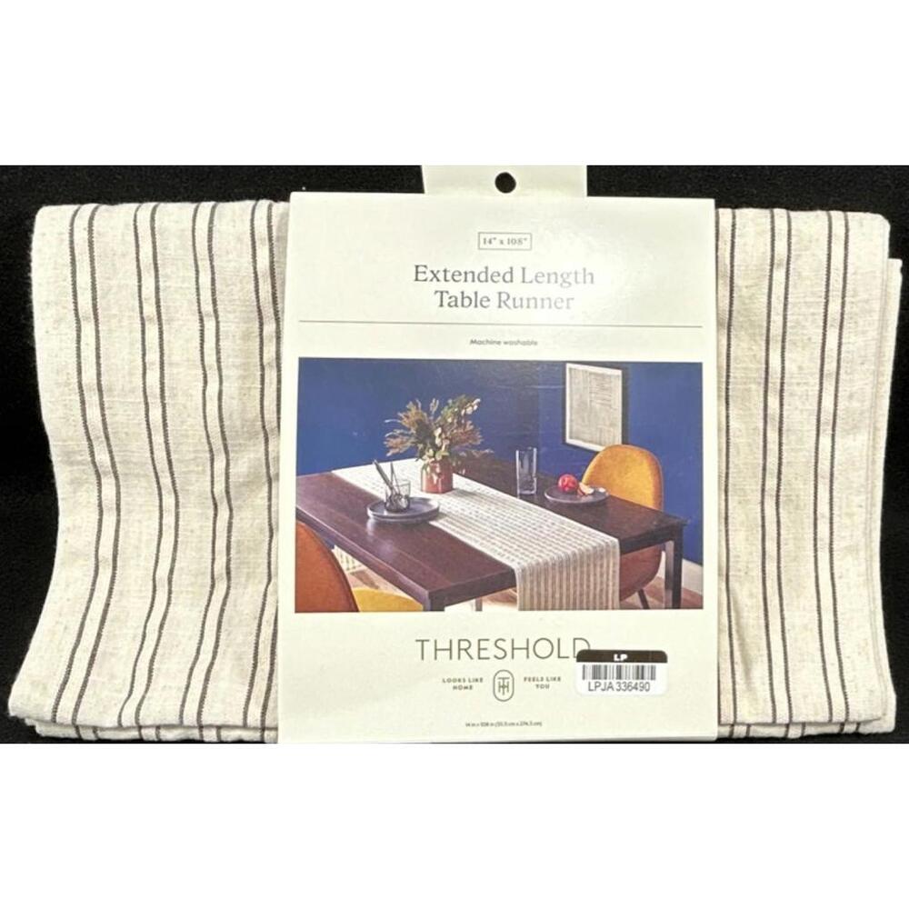 Threshold Striped Table Runner 14 x 108 in Beige Black Cotto